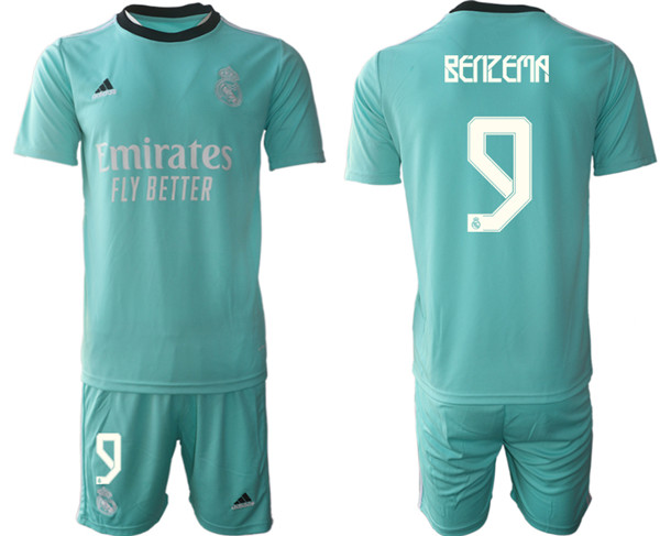 Men's Real Madrid #9 Karim Benzema 2021/22 Teal Away Soccer Jersey Suit
